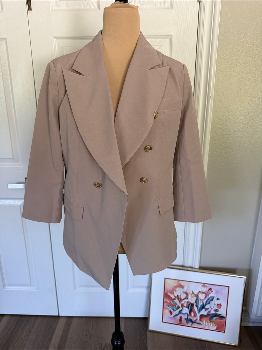 Kate & Mallory Double-Breasted Taupe Blazer with Gold Buttons